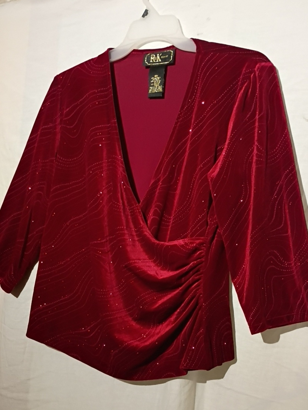 Vintage Red Draped Velvet V-Neck Blouse with Red Sequins, Sz 16, NWOT